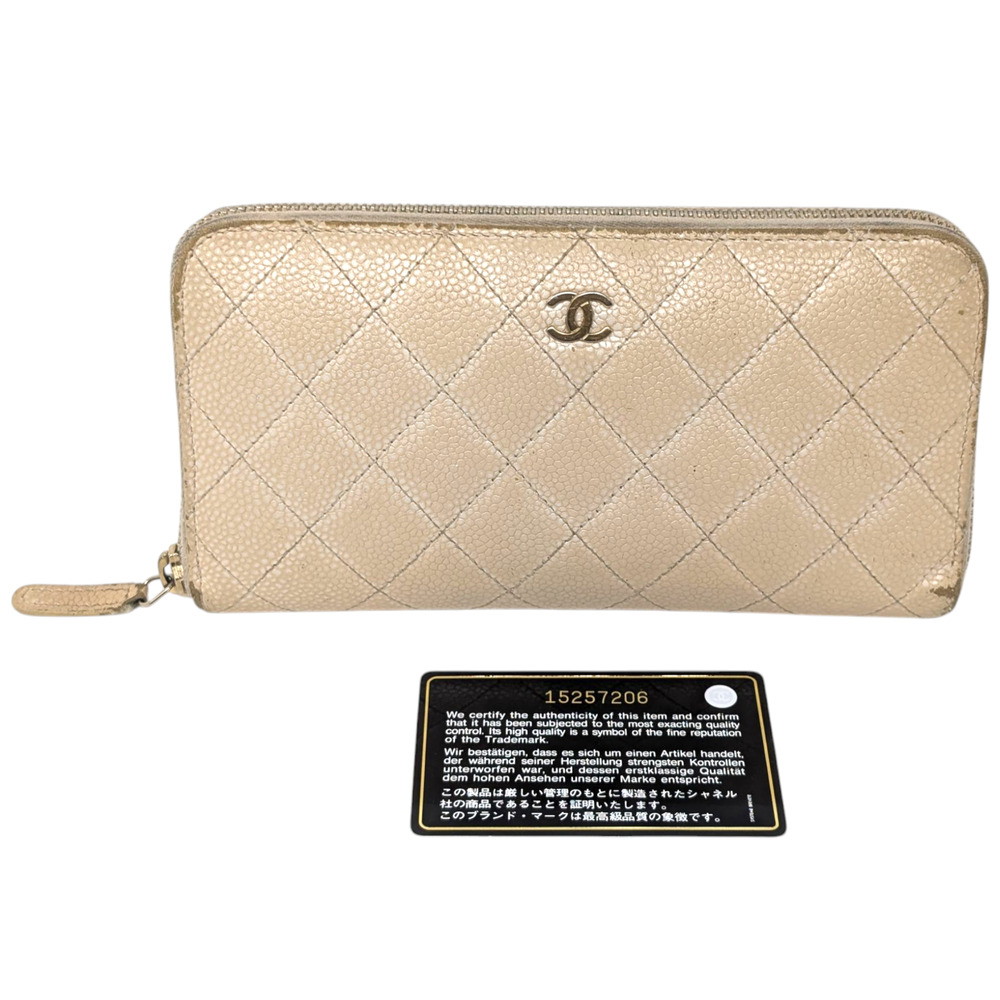 Chanel Beige Caviar Leather Zip Around‎ Wallet CC Quilted Logo Series 15